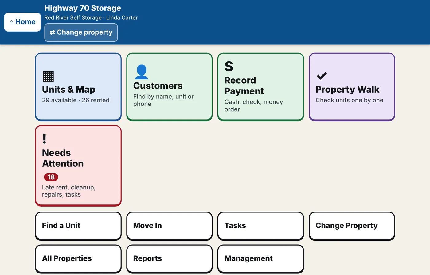 The Home screen: large tiles for Units and Map, Customers, Record Payment and Property Walk