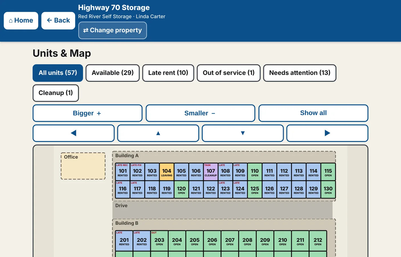 The map screen: rows of units colored by status, with filter buttons above