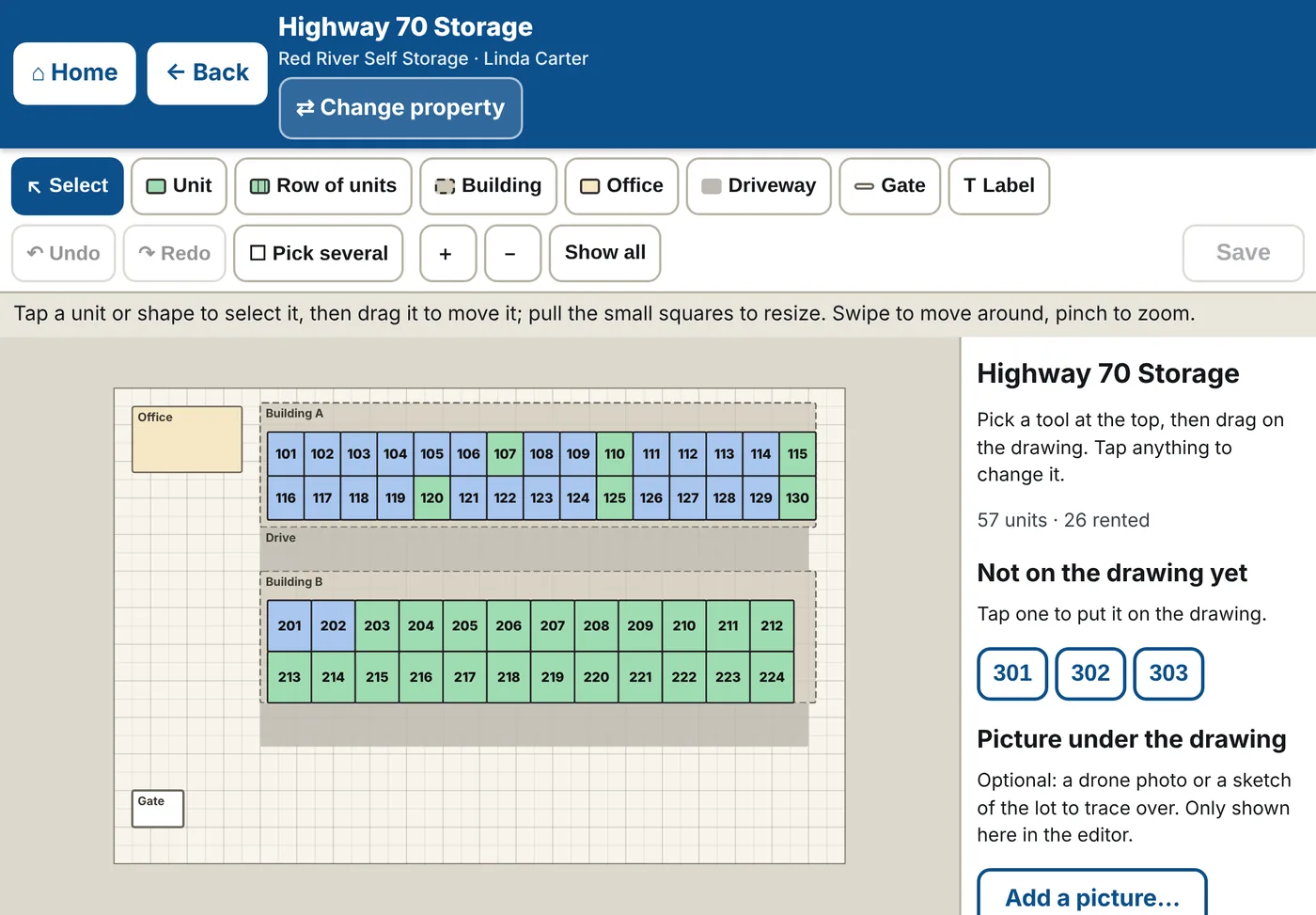 The layout editor: a toolbar with Unit, Row of units, Building and Driveway tools above a drawing of the lot