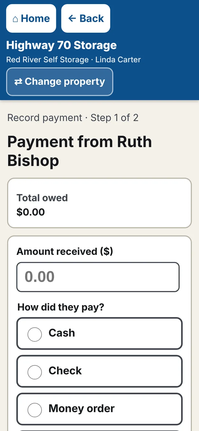 Recording a payment: amount, and cash, check or money order