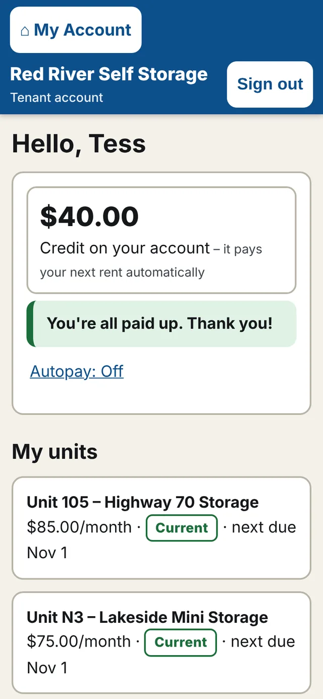 A tenant's account on a phone showing two units at two locations