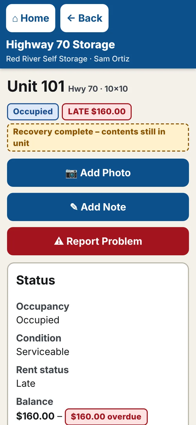 A unit on a phone: Add Photo, Add Note and Report Problem buttons, and its status
