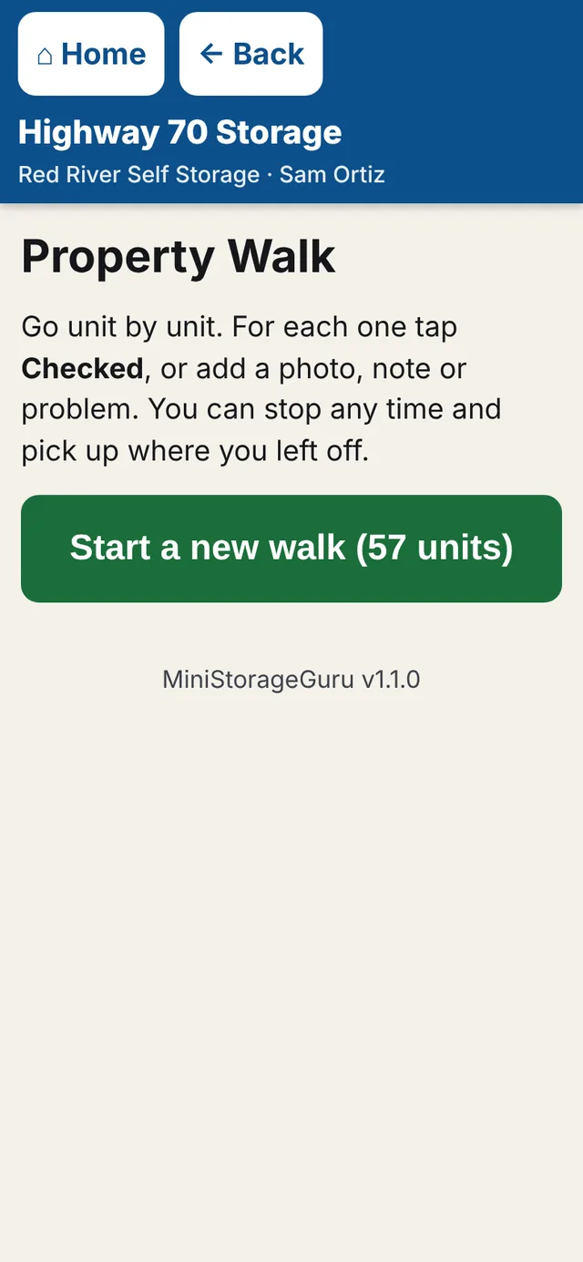 Property Walk on a phone, with a button to start a new walk